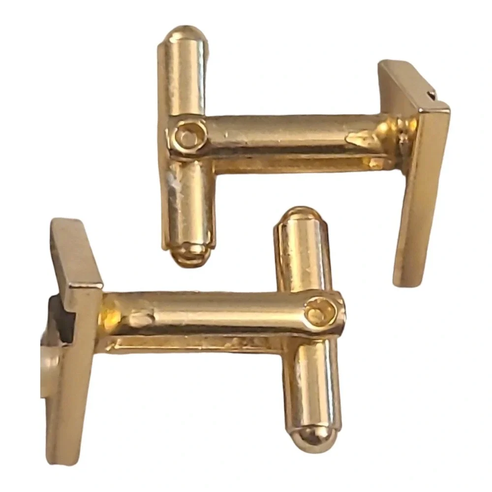 Vintage Gold Tone Faux Pearls‎ Black Enamel Men's Triangle Cufflinks Unsigned